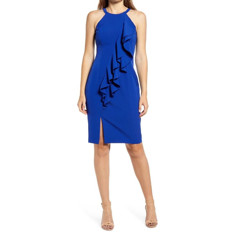 Vince Camuto Laguna Halter Neck Ruffled Crepe Body Con Dress Cobalt Blue size 4